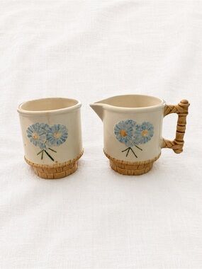 Vintage Ceramic Cream & Sugar Set | Blue Floral Basket Weave